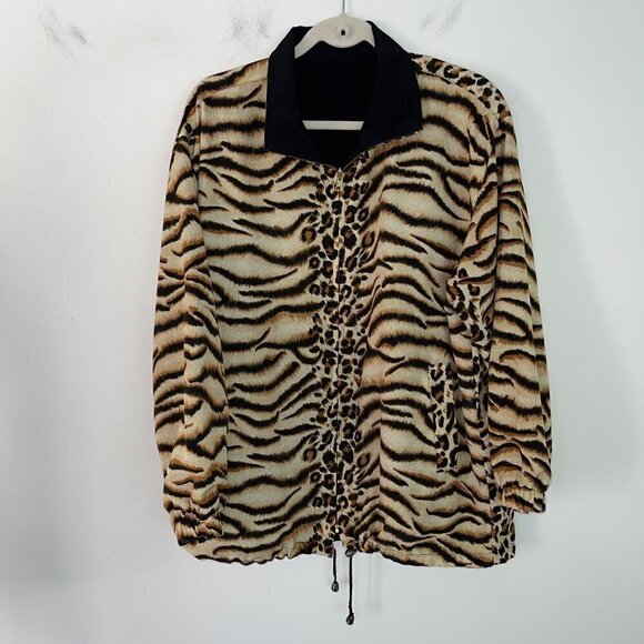 Vintage Womens Tiger Print Reversible Bomber Jacket Sz Large Tan Black Zip Front - Picture 13 of 13